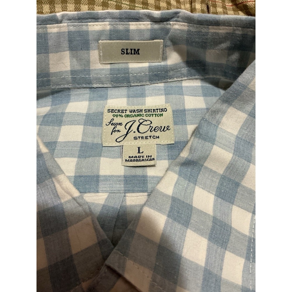J Crew Blue Checked Gingham Men Long Sleeve Shirt L Stretch Slim Fit Button Down